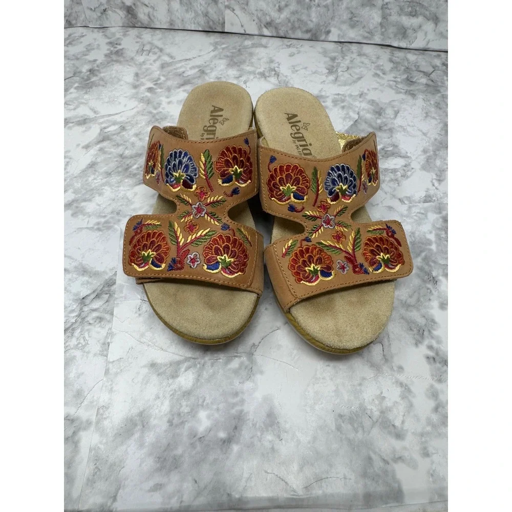 Alegria PG Lite 🦋Leather Floral Embroidered‎ Wedge Slide Sandals BOHO 38 7.5-8